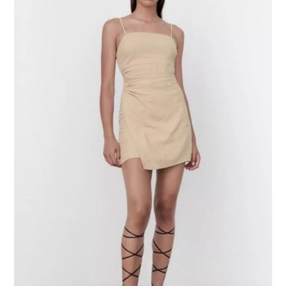 ZARA Linen Blend Mini Dress Small Tan Strappy Ruched Draped Asymmetrical Medium